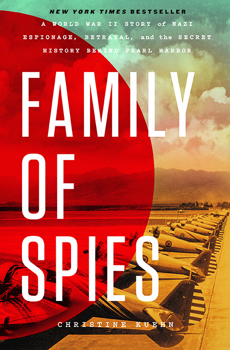 Book cover for "Family of Spies" with vintage airplanes lined up and bold title text over a red overlay.