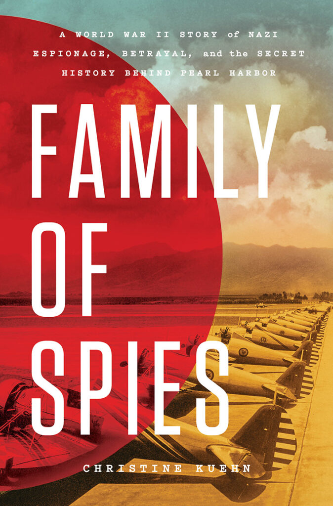 Book cover of "Family of Spies" with WWII planes lined up and large red circle overlay.