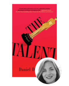 Red book cover titled "The Talent" with an Oscar statue; features a smiling woman's photo in a circle.