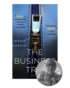 Book cover with a zipper and praise quotes, plus a grayscale inset of a person in glasses.