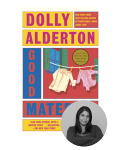 Book cover of "Good Material" by Dolly Alderton with a photo of an unidentified person in a circular frame.