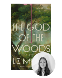 Book cover titled "The God of the Woods," with a circular inset photo of a person at the bottom right.