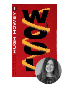 Red book cover with "WOOL" title and stairs design; a grayscale circle with a smiling woman overlaps the bottom right.
