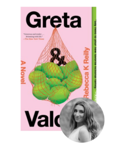 Book cover of "Greta & Valdin" with green netted objects; inset of a smiling woman in black and white.
