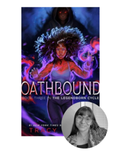 Book cover of "Oathbound" with a mysterious figure behind a woman with glowing powers. Inset photo of a smiling person.