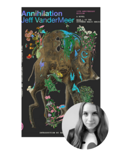 Cover of "Annihilation" by Jeff VanderMeer with abstract art and a black-and-white inset of a woman at the bottom right.