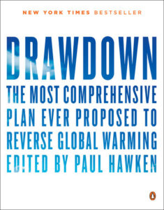 Cover of "Drawdown" by Paul Hawken, labeled as a New York Times Bestseller.