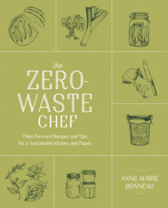 Green cookbook cover titled "The Zero-Waste Chef" with food and plant illustrations.