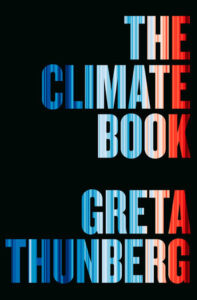 Book cover titled "The Climate Book" by Greta Thunberg with gradient blue to red text.