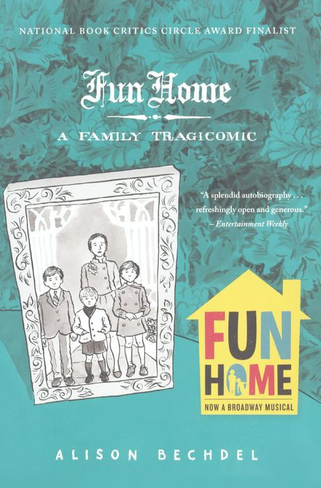 Book cover for "Fun Home: A Family Tragicomic" by Alison Bechdel, featuring a family photo illustration.