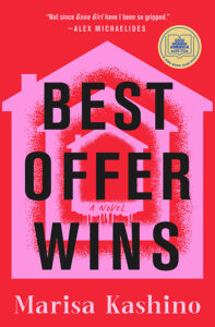 Book cover for "Best Offer Wins" by Marisa Kashino, with large text over a pink house outline on a red background.