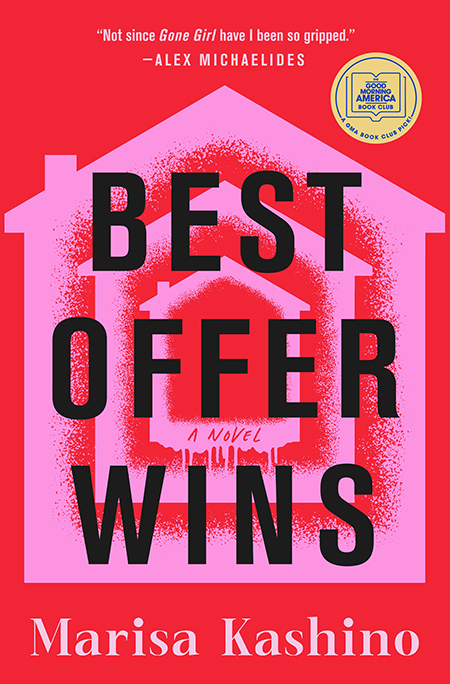 Book cover for "Best Offer Wins" by Marisa Kashino, with large text over a pink house outline on a red background.