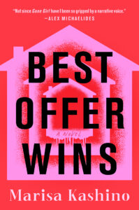 Bold text "Best Offer Wins: A Novel" on a red background with a pink house outline.