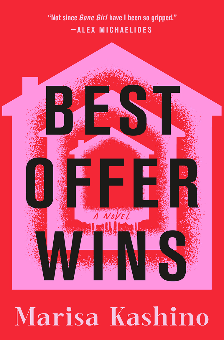Red book cover with a pink house outline and bold black text: "Best Offer Wins: A Novel" by Marisa Kashino.