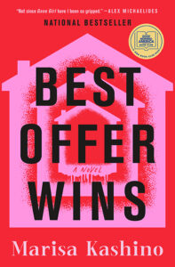 Book cover for "Best Offer Wins" by Marisa Kashino, featuring bold text and a pink house graphic on a vibrant red background, capturing the lively spirit of Best Offer Wins.