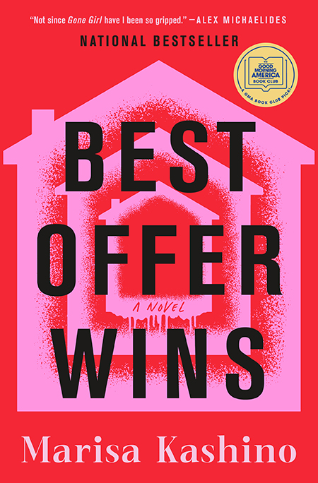 Book cover for "Best Offer Wins" by Marisa Kashino, featuring bold text and a pink house graphic on a vibrant red background, capturing the lively spirit of Best Offer Wins.