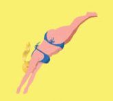 Illustration of a woman in a blue bikini diving into water against a yellow background.