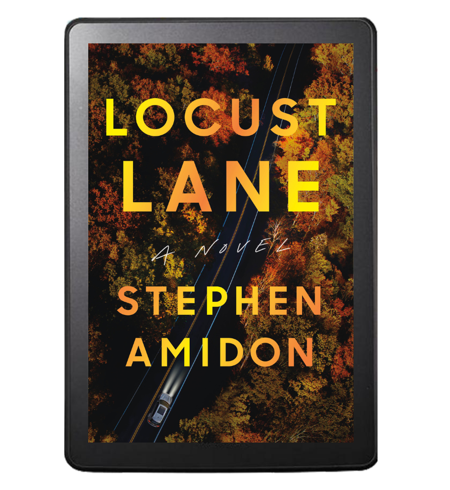 Ebook cover of "Locust Lane" by Stephen Amidon, featuring a car on a road through autumn trees.