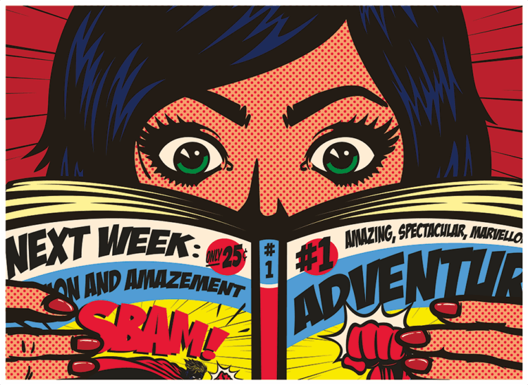 Comic-style woman with wide eyes reads a colorful adventure comic book with bold, dramatic text and graphics.