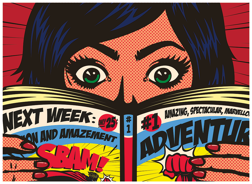 Comic-style woman with wide eyes reads a colorful adventure comic book with bold, dramatic text and graphics.