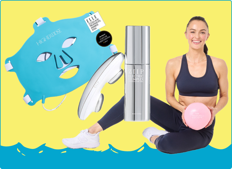 A woman in workout clothes with a pink ball, next to skincare tools and products on a yellow background.