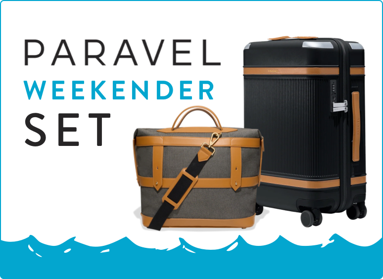Two-piece Paravel Weekender set: a gray and tan bag, and a matching rolling suitcase with black accents.
