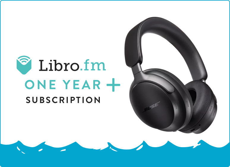 Libro.fm one-year subscription text next to black Bose headphones on a white and blue background.