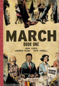 Illustrated book cover for "March: Book One" showing three people sitting at a counter with a "Counter Closed" sign.