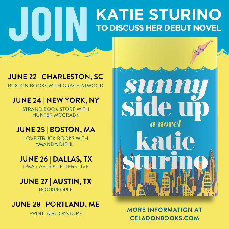 Promotional poster for Katie Sturino's "Sunny Side Up" book tour with book cover and event details for various markets.