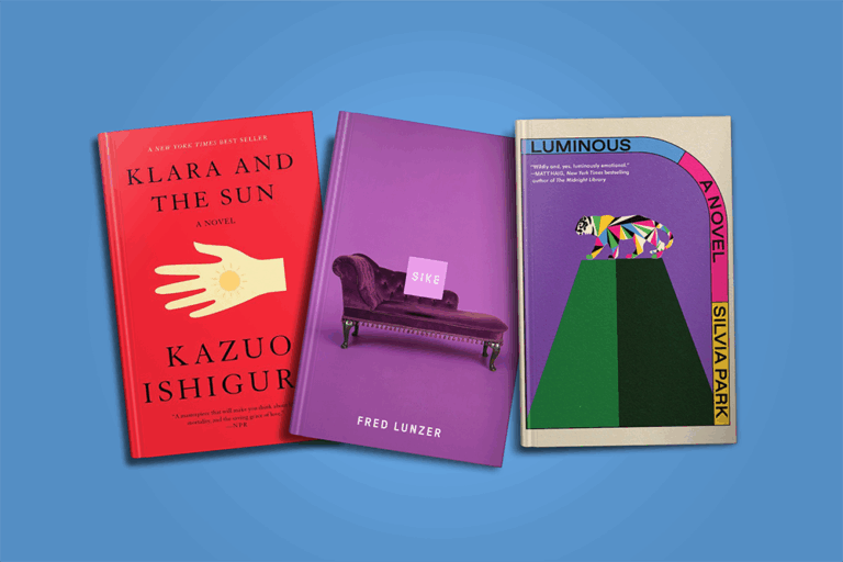 Three colorful book covers on a blue background, each with different titles and artwork.