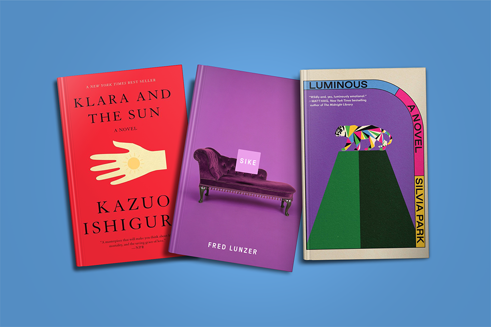 Three colorful book covers on a blue background, each with different titles and artwork.