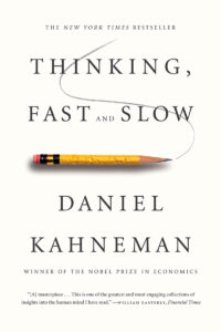 Book cover of "Thinking, Fast and Slow" by Daniel Kahneman, featuring a pencil and minimalist design.