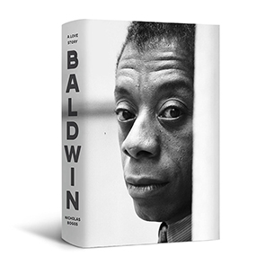 Book cover featuring a black-and-white portrait of James Baldwin with "BALDWIN" in bold vertical text.