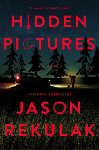 Silhouette of a person digging by a car in a forest at night under a starry sky, book cover for "Hidden Pictures".