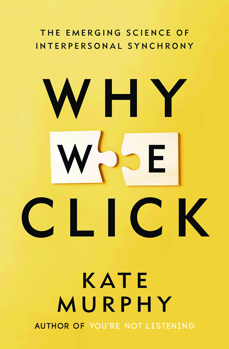 Book cover with yellow background, puzzle piece motif, and text: "Why We Click" by Kate Murphy.