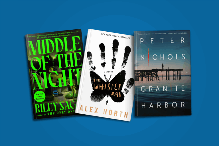 Three thriller novels on a blue background: "Middle of the Night," "The Whisper Man," and "Granite Harbor.
