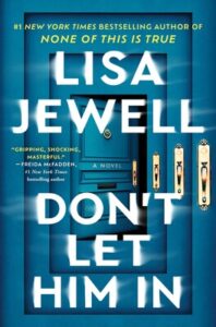 Book cover for "Don't Let Him In" by Lisa Jewell, featuring a blue door with multiple door handles.