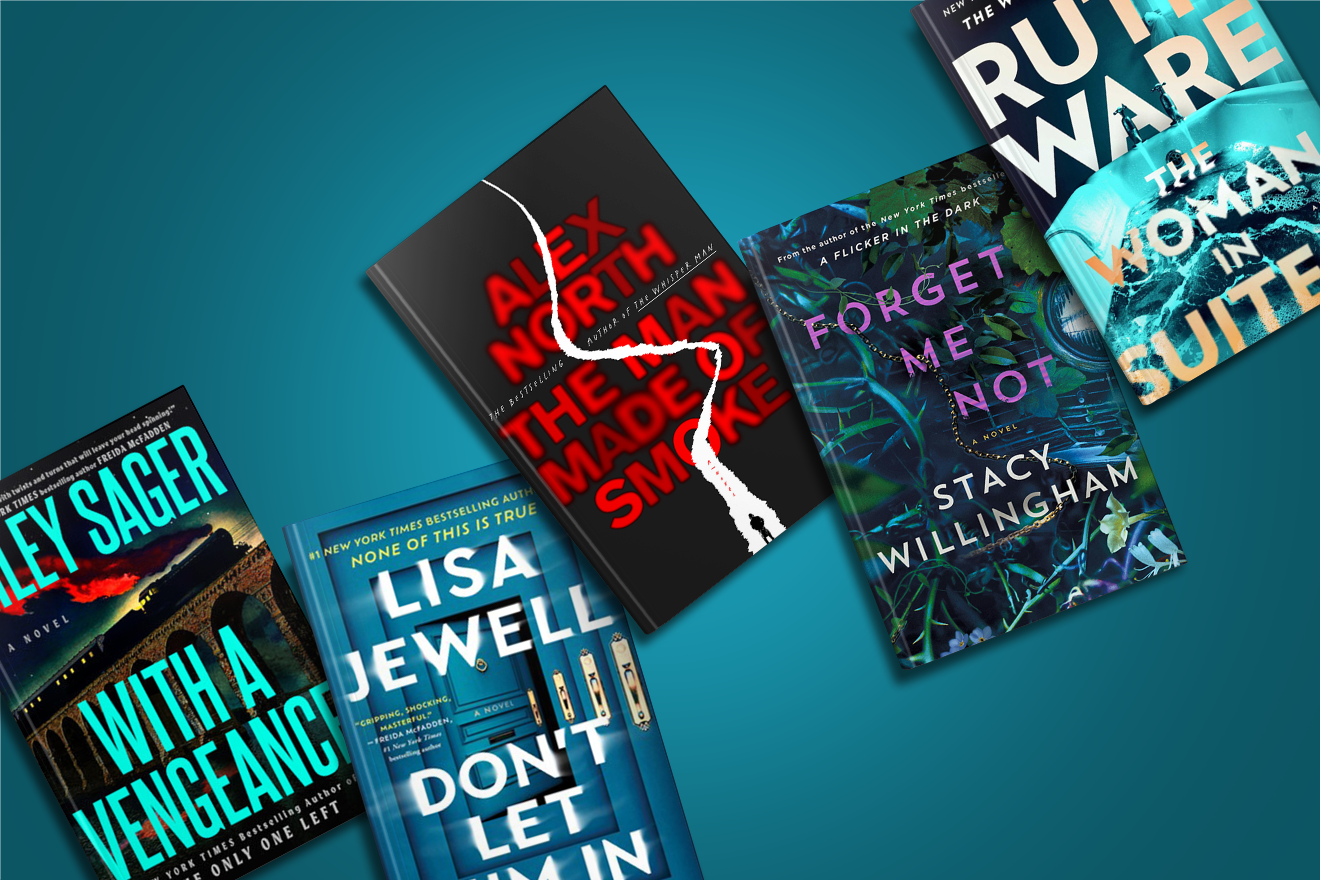 Five thriller novels with colorful, dramatic covers are arranged diagonally on a teal background.