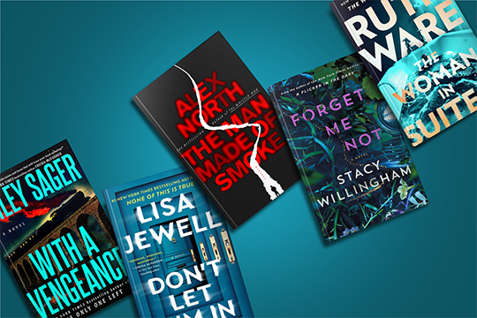Five thriller novels with colorful, dramatic covers arranged diagonally on a teal background.