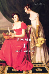 Two women in Regency-era dresses, one seated with a quill, feature on the cover of "Emma" by Jane Austen.