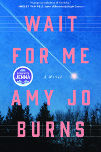 Book cover for "Wait For Me" by Amy Jo Burns, with a blue sky, tree silhouettes, and music staff lines.