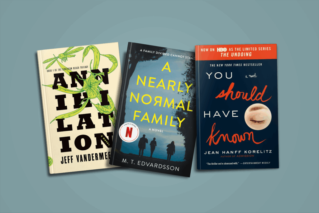 Three book covers: "Annihilation," "A Nearly Normal Family," and "You Should Have Known" on a blue background.