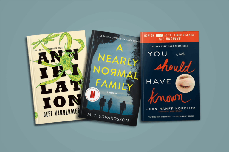 Three book covers: "Annihilation," "A Nearly Normal Family," and "You Should Have Known" on a blue background.