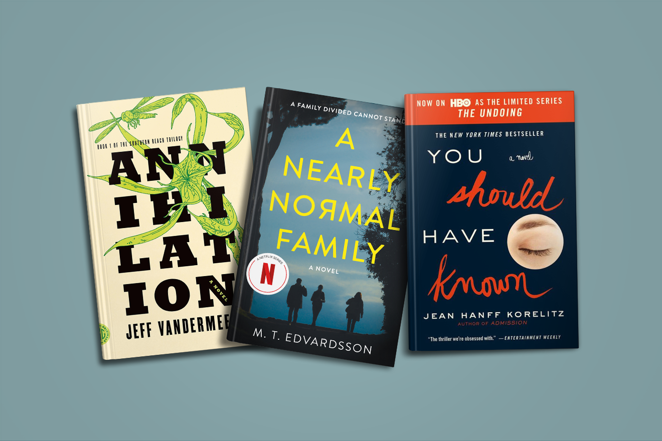 Three book covers: "Annihilation," "A Nearly Normal Family," and "You Should Have Known" on a blue background.