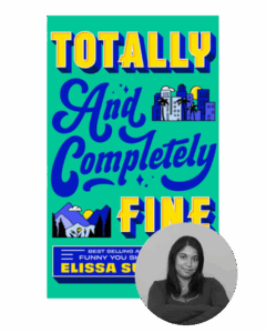 Book cover: "Totally and Completely Fine" with a grayscale photo of a woman in the bottom right corner.