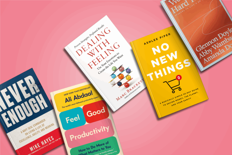 Five books on productivity and self-help are arranged on a pink background.