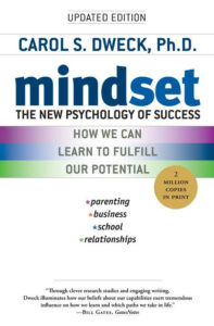 Book cover: "Mindset" by Carol S. Dweck, Ph.D., with colored stripes and topics like parenting and business.