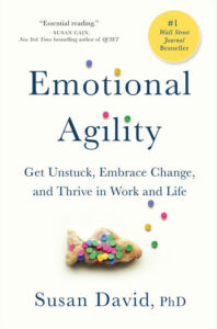 Book cover of "Emotional Agility" by Susan David, featuring candy-decorated clay and a bestseller badge.