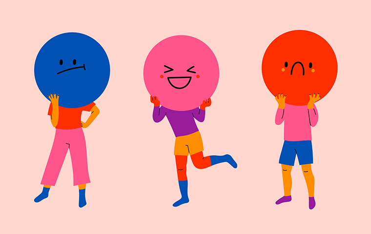 Three cartoon figures with large colored circle heads display sad, happy, and upset facial expressions, illustrating the concept of emotion regulation.