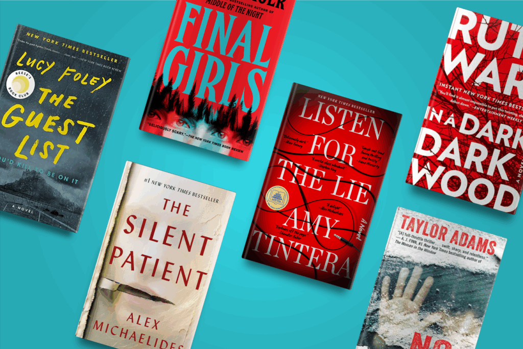 Six thriller book covers arranged on a teal background, featuring bold titles and dramatic imagery.
